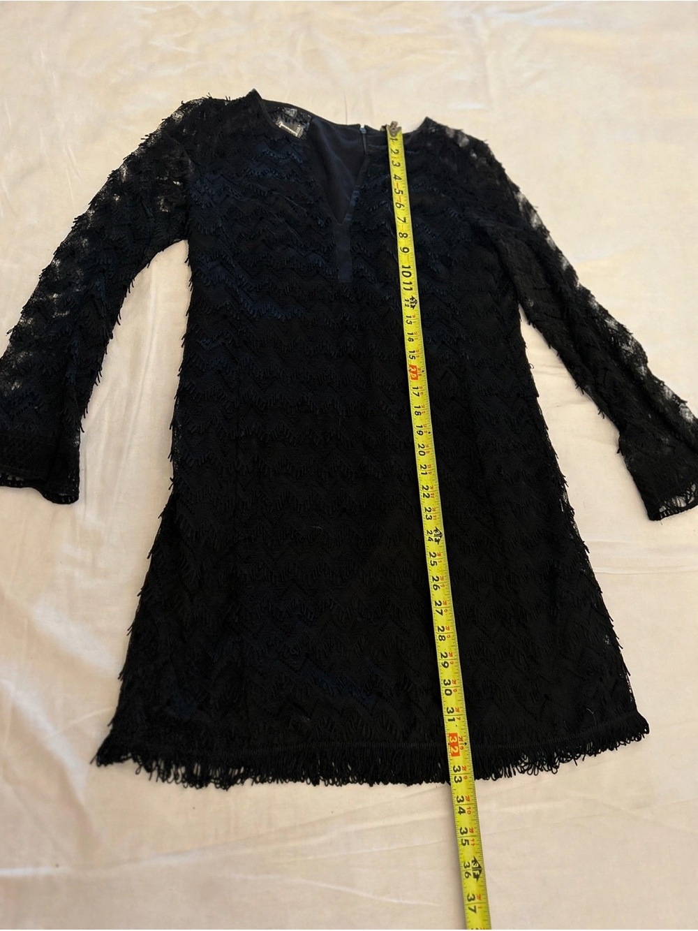 Nanette Lepore Black Chevron Lace Mini Dress Size M Bell Sleeve - Picture 9 of 10